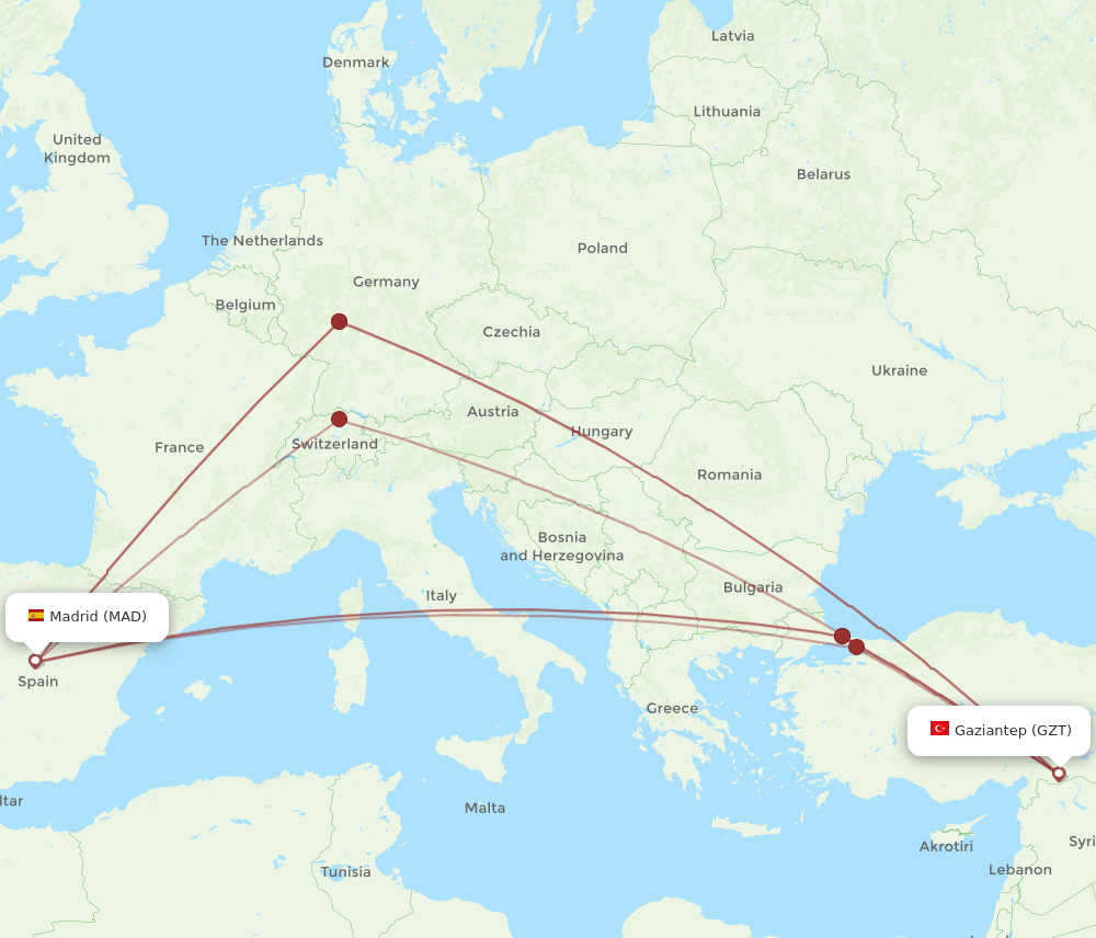 GZT to MAD flights and routes map