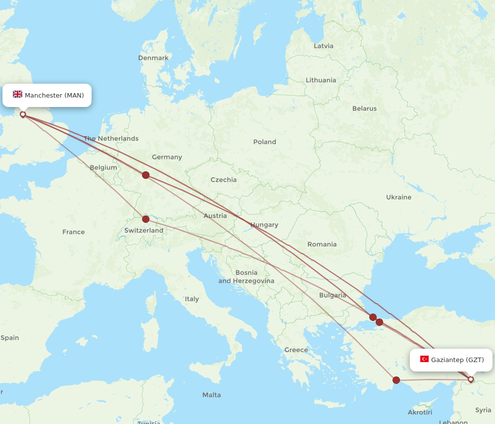GZT to MAN flights and routes map