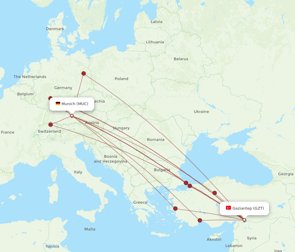 GZT to MUC flights and routes map