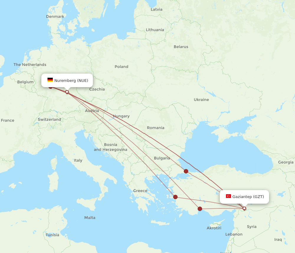 GZT to NUE flights and routes map