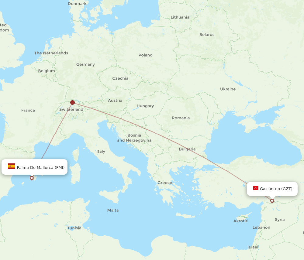 Palma de Mallorca - Gaziantep route map and flight paths