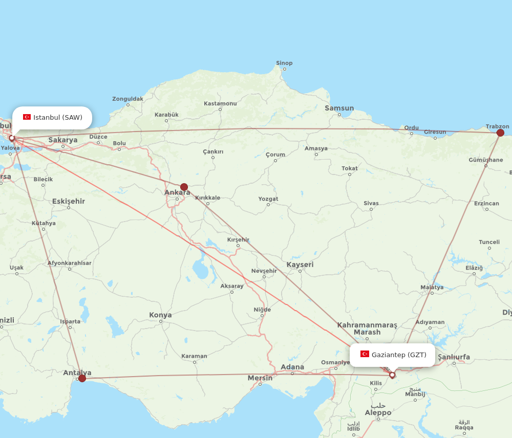 GZT to SAW flights and routes map