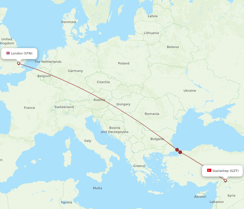 GZT to STN flights and routes map