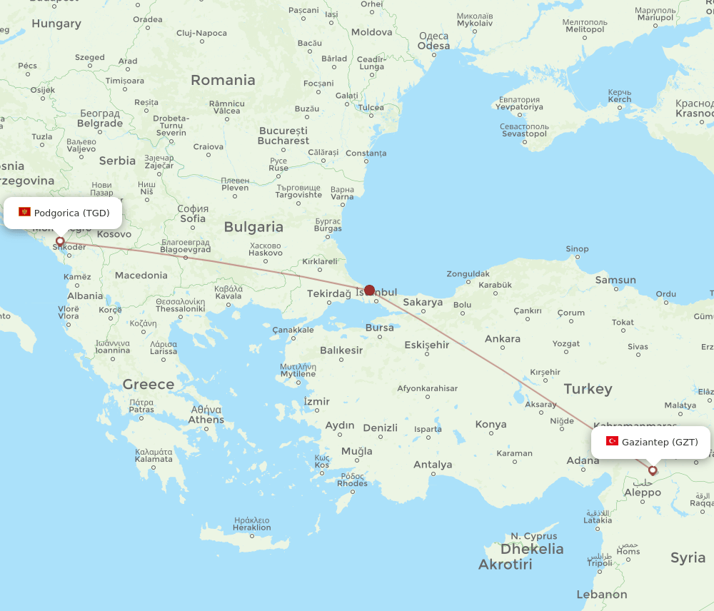GZT to TGD flights and routes map