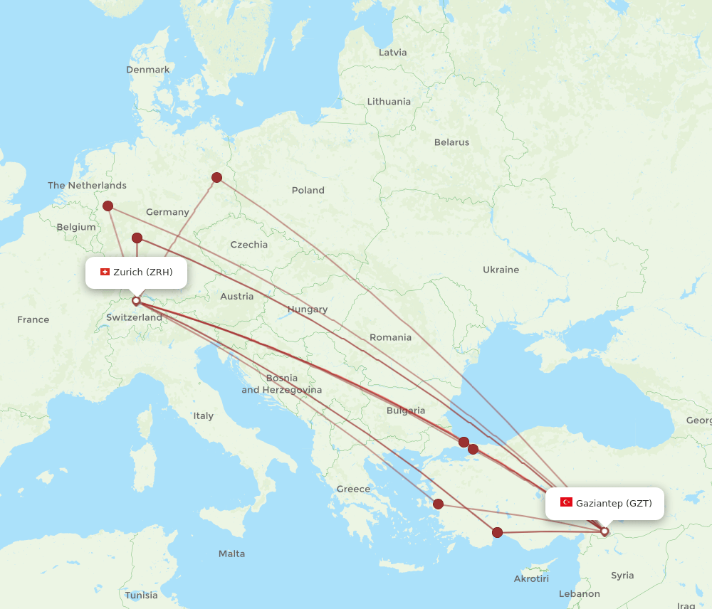 ZRH to GZT flights and routes map