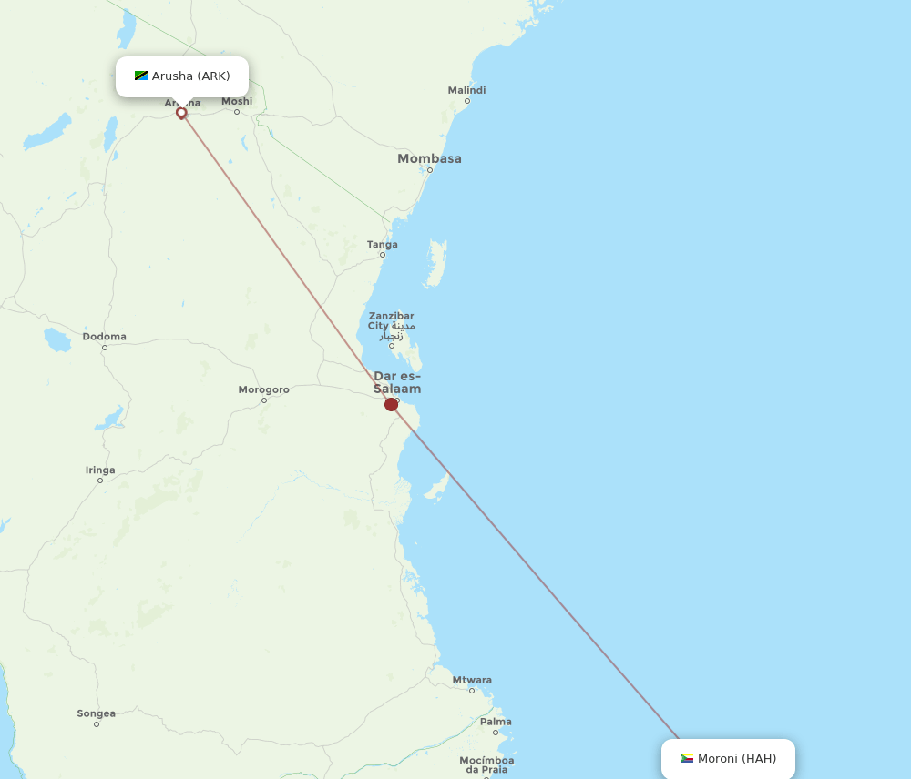 Arusha - Moroni route map and flight paths