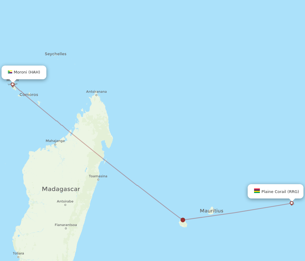 Moroni - Rodrigues Island route map and flight paths