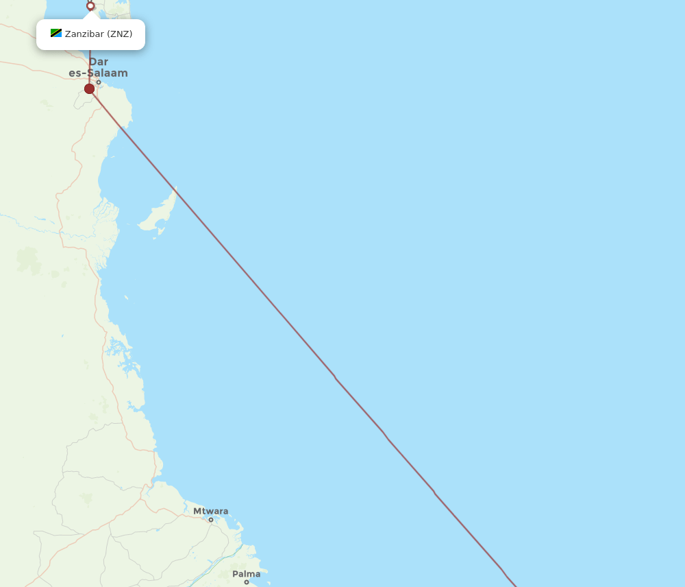 Zanzibar - Moroni route map and flight paths