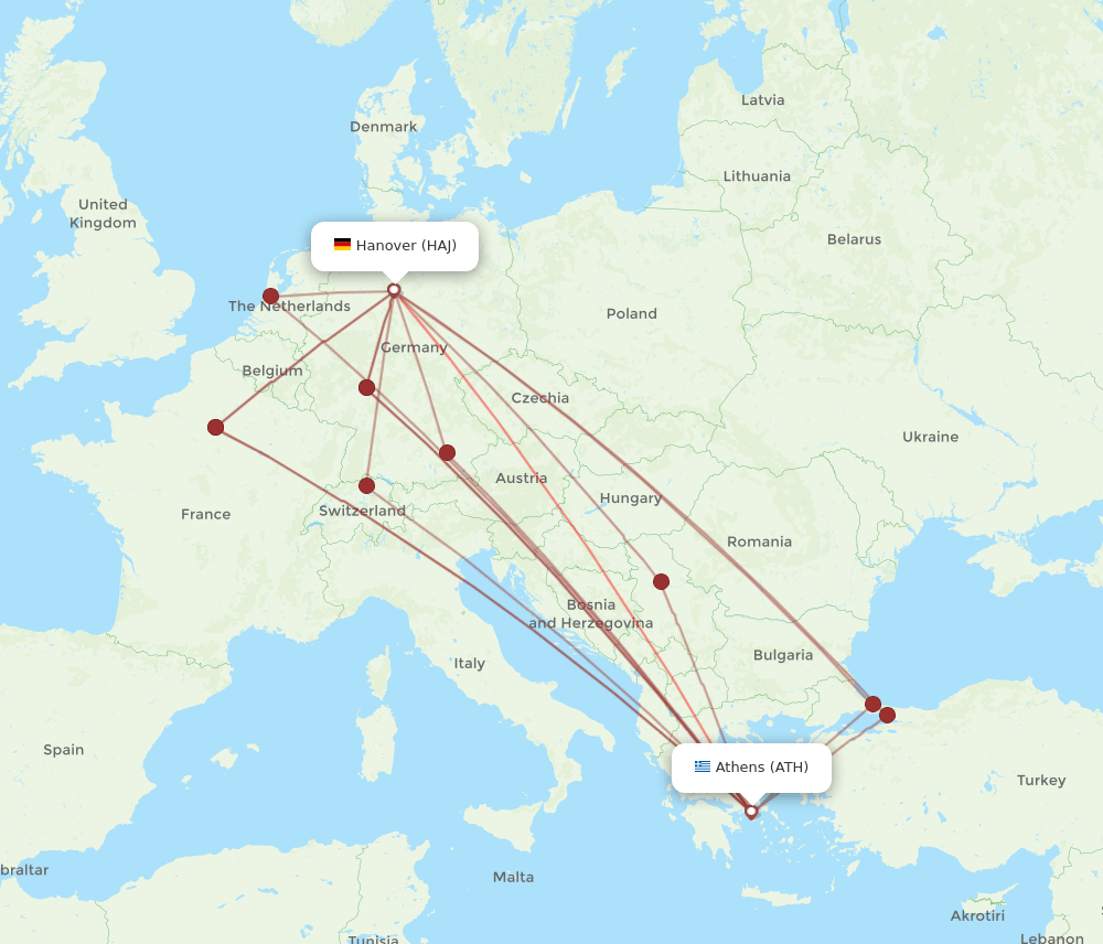 HAJ to ATH flights and routes map