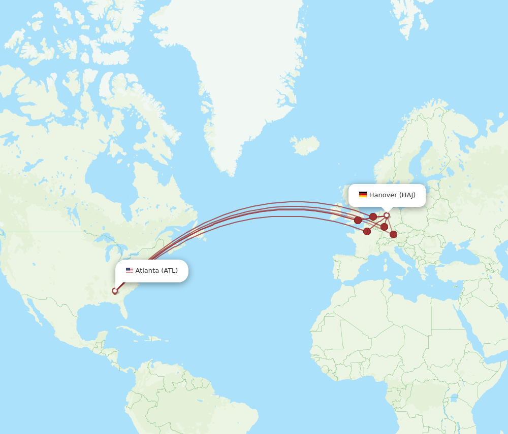 HAJ to ATL flights and routes map