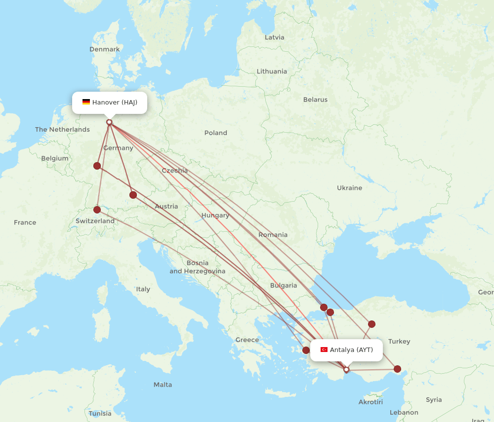 HAJ to AYT flights and routes map