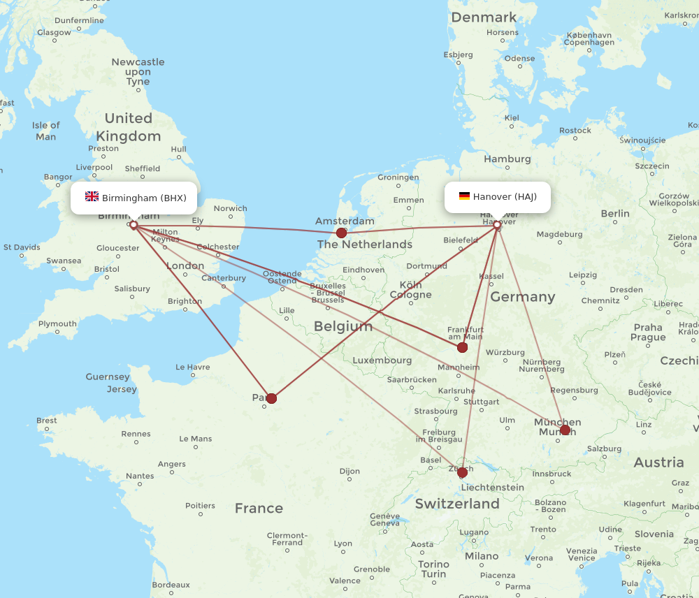 HAJ to BHX flights and routes map