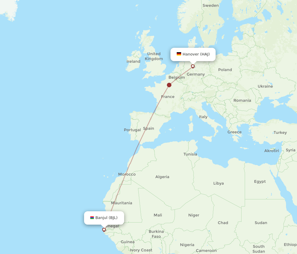 HAJ-BJL flight routes