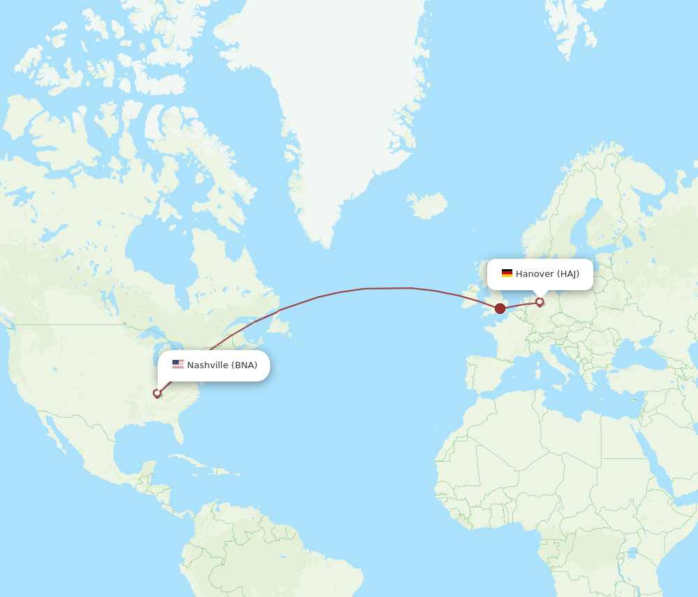 HAJ to BNA flights and routes map