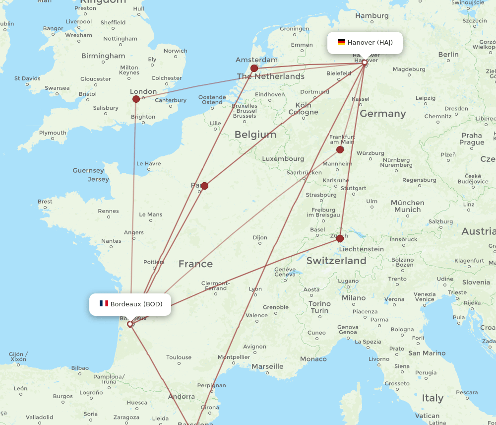 HAJ to BOD flights and routes map