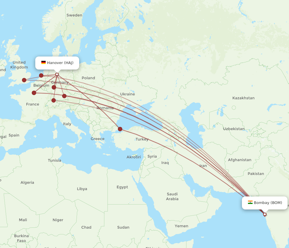 HAJ-BOM flight routes