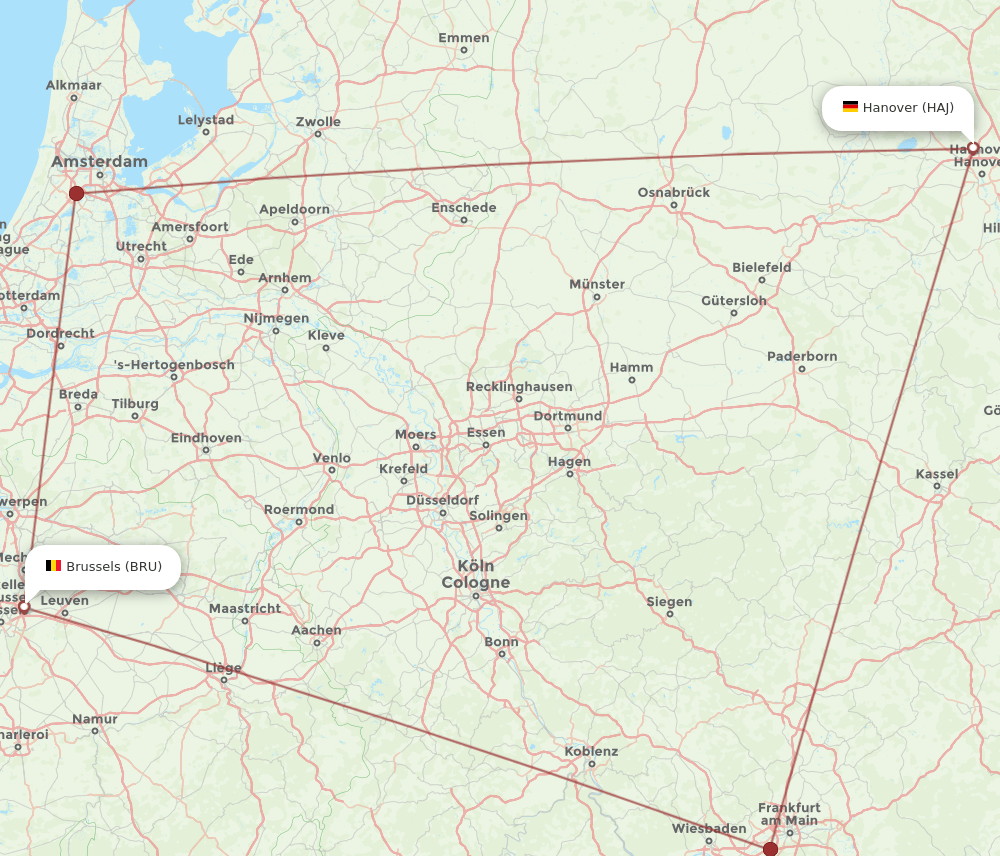 HAJ to BRU flights and routes map