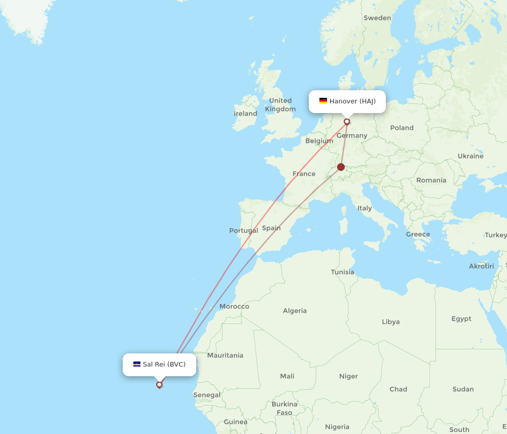 Hanover - Boa Vista route map and flight paths