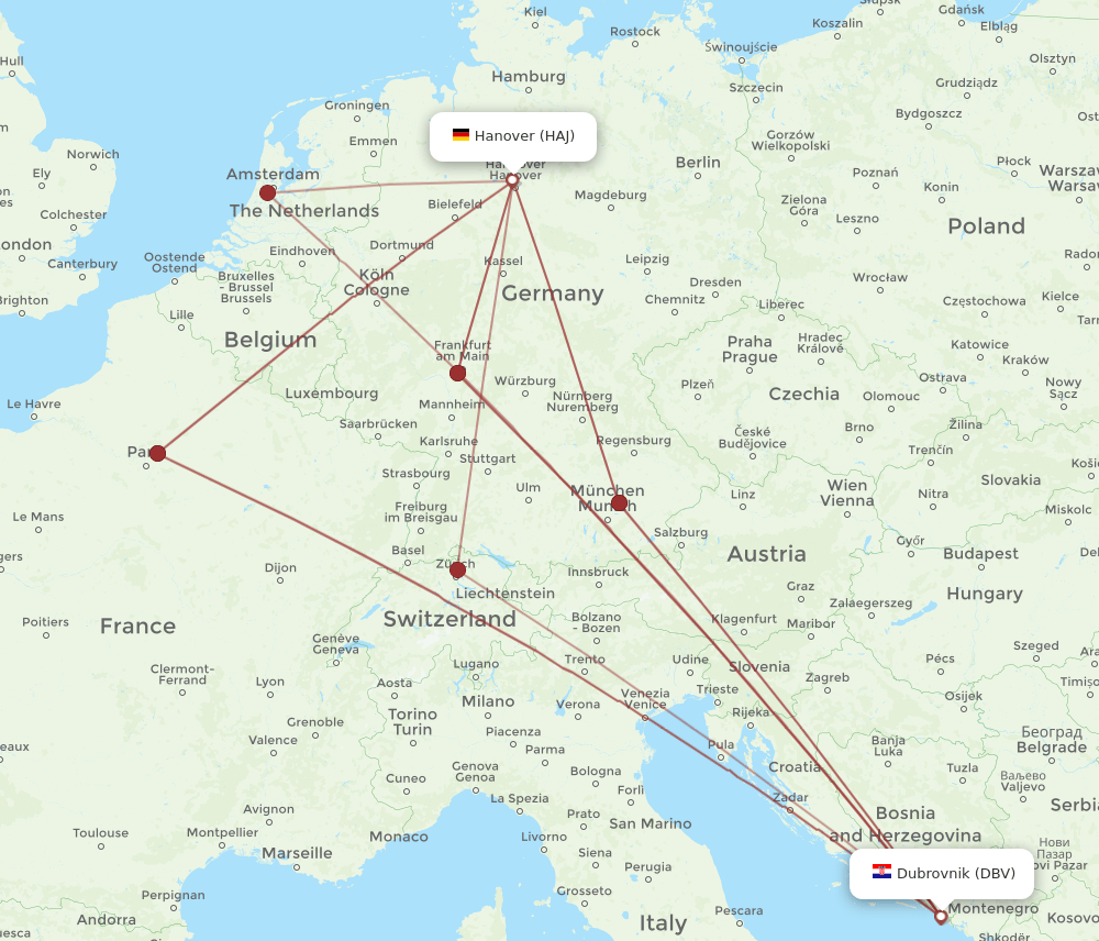HAJ to DBV flights and routes map