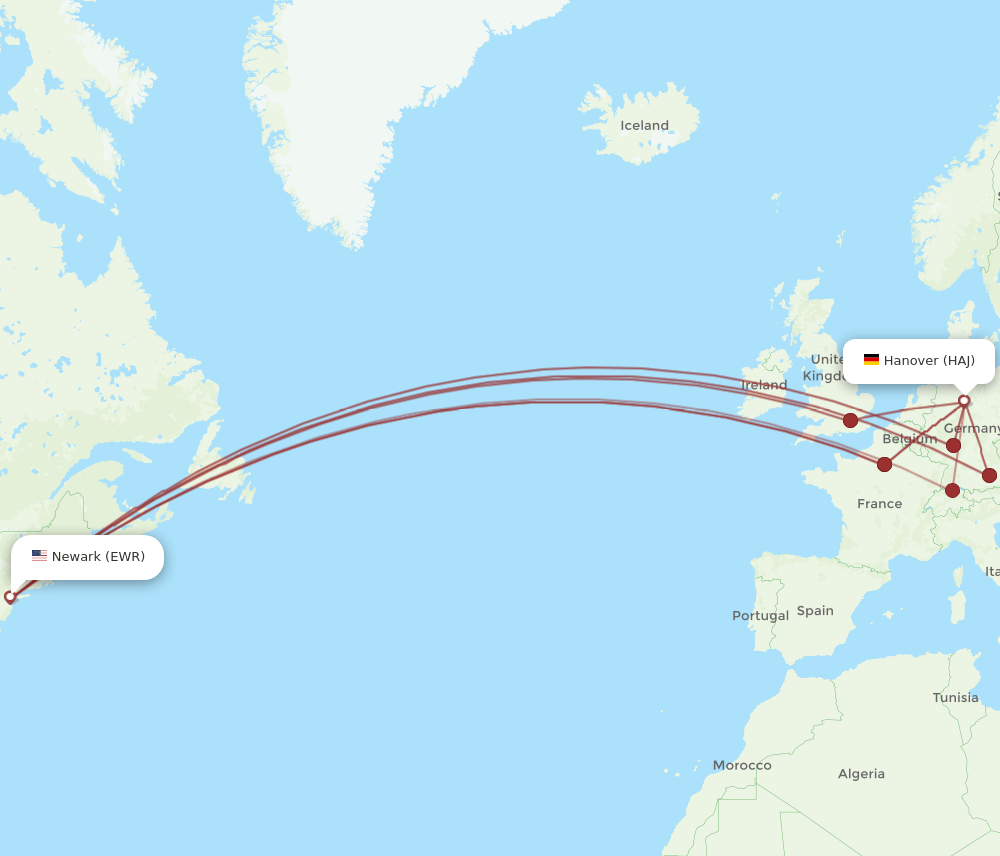 HAJ to EWR flights and routes map