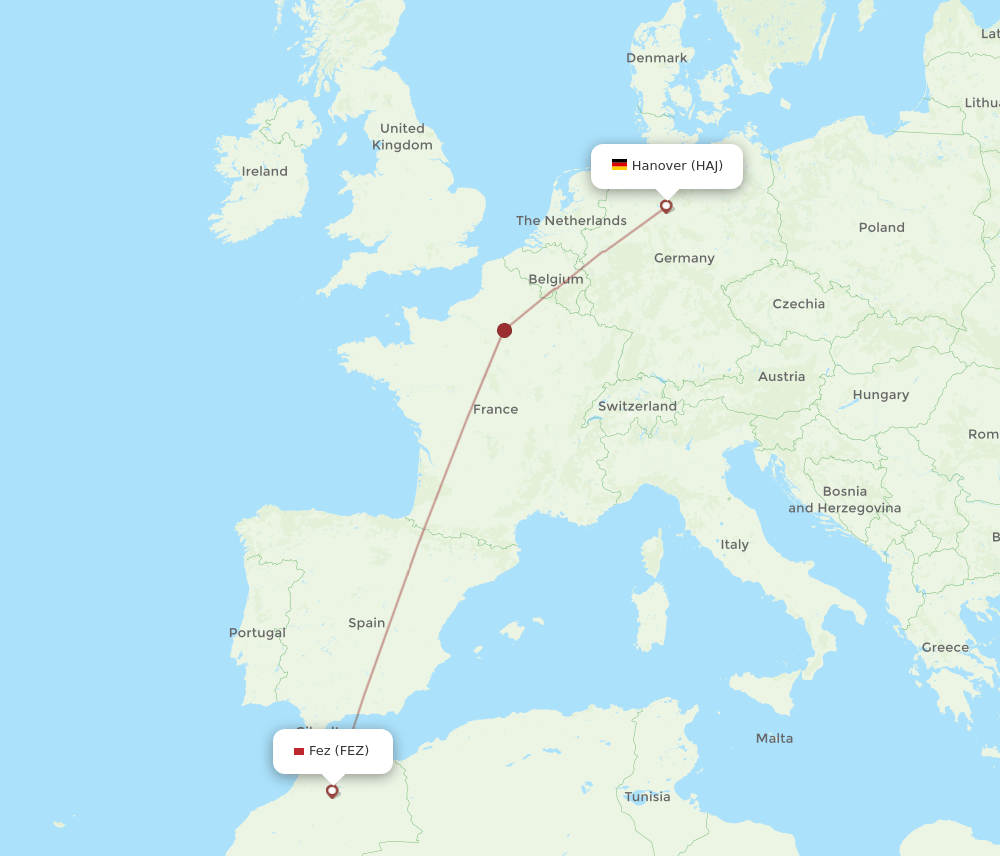 Hanover - Fes route map and flight paths