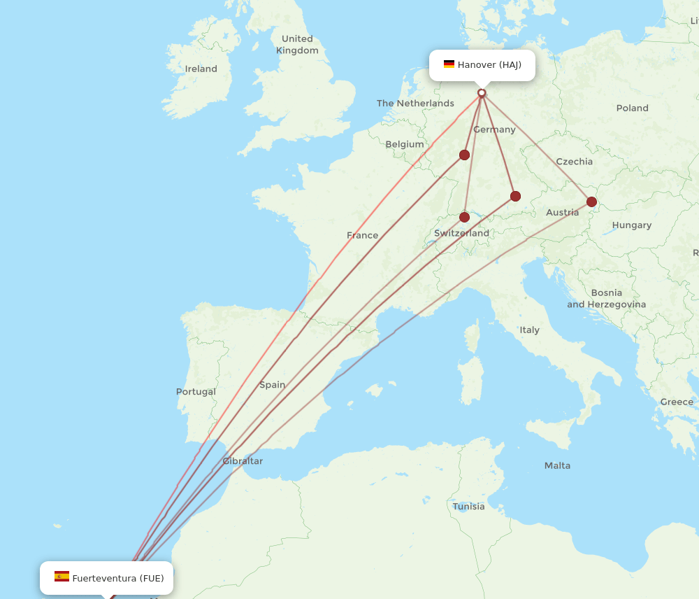 HAJ to FUE flights and routes map