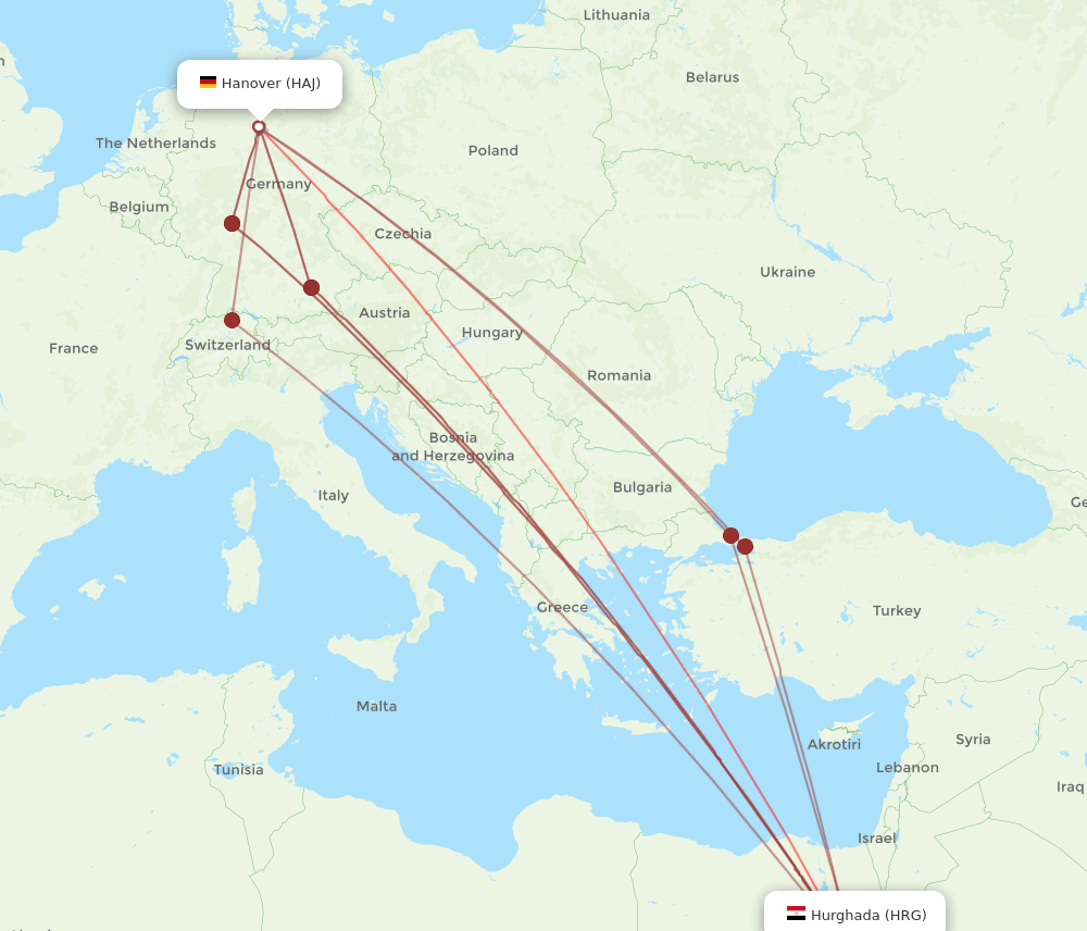 HAJ to HRG flights and routes map