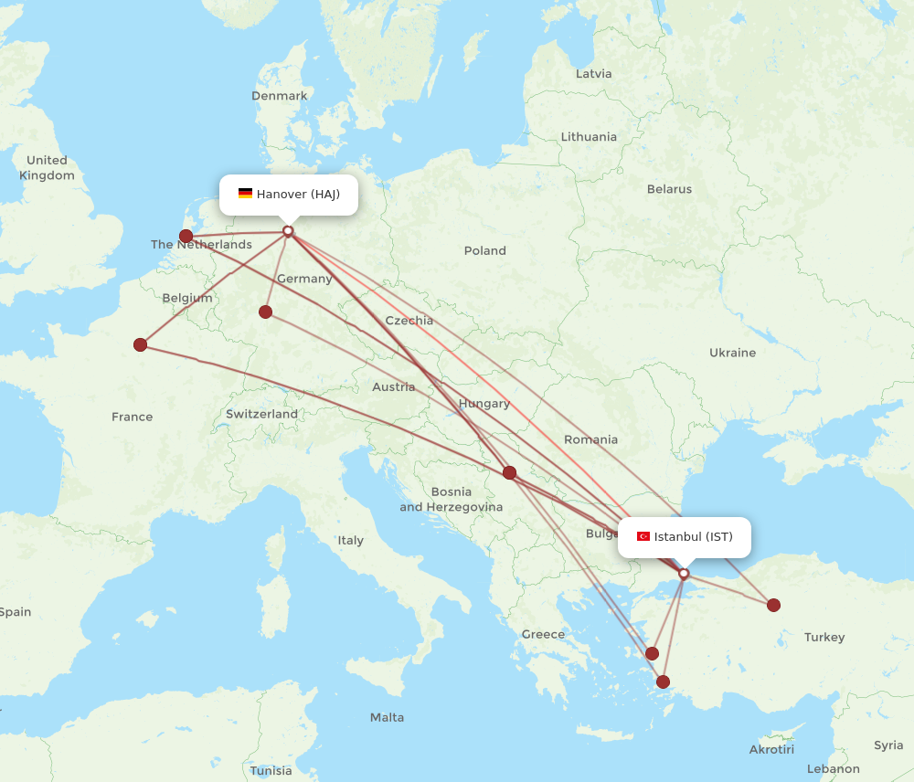 HAJ to IST flights and routes map