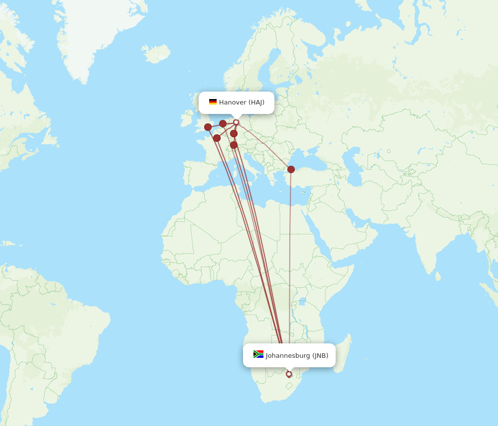 HAJ-JNB flight routes