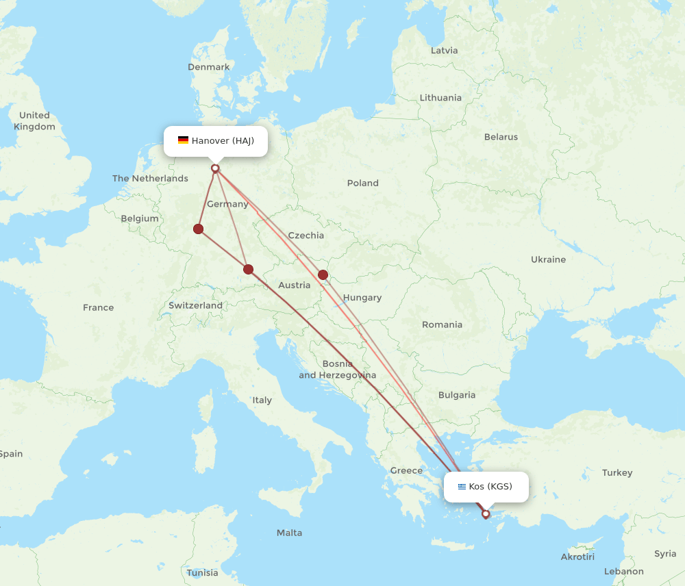 HAJ to KGS flights and routes map