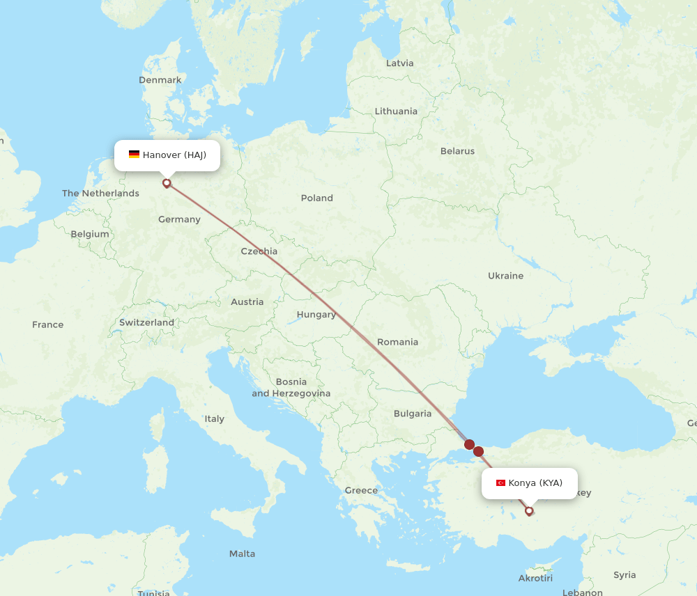 HAJ to KYA flights and routes map