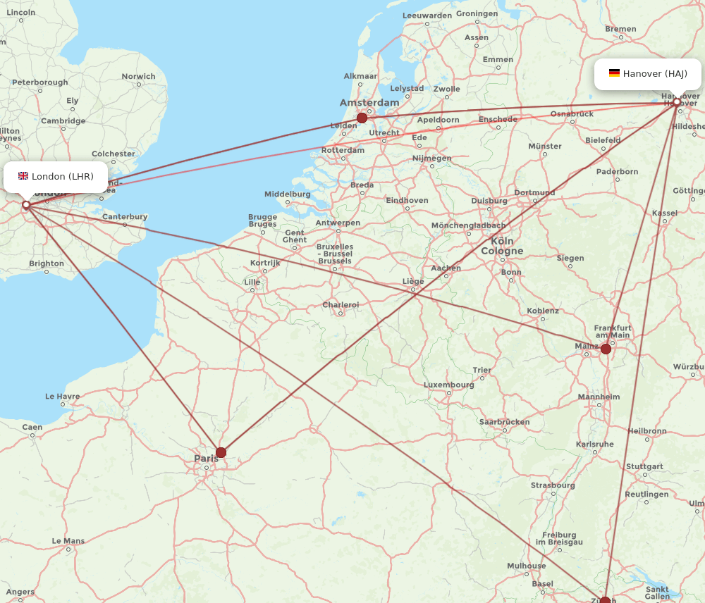 HAJ to LHR flights and routes map