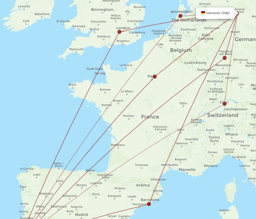 HAJ to LIS flights and routes map