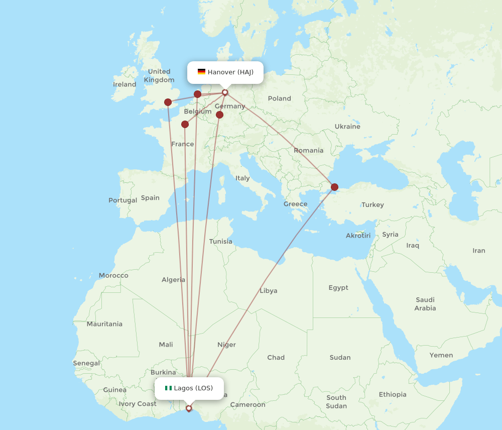HAJ-LOS flight routes