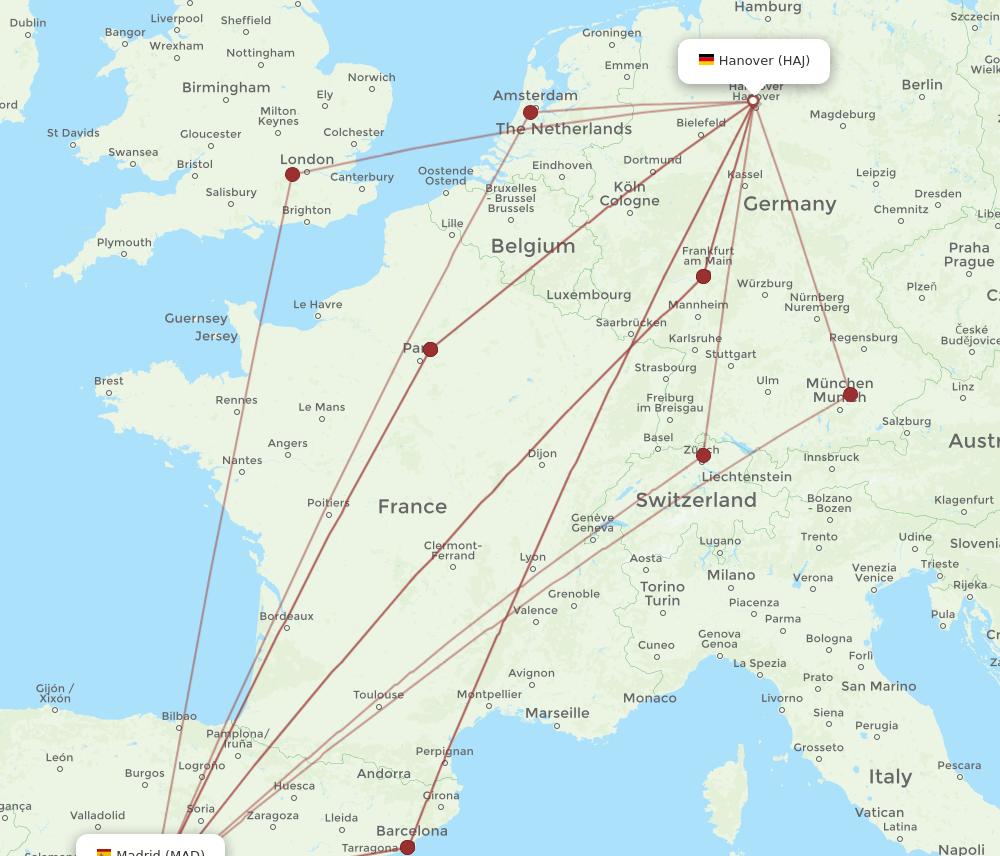 HAJ-MAD flight routes