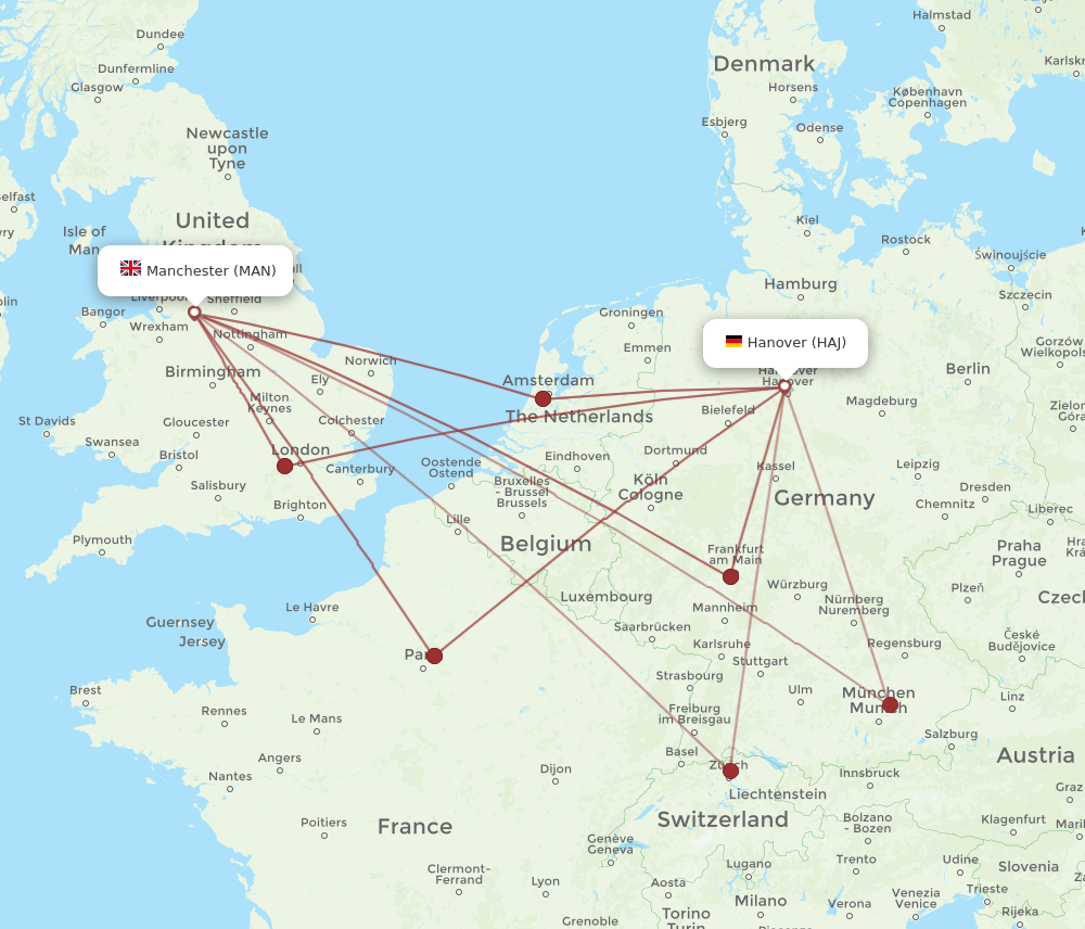 HAJ to MAN flights and routes map