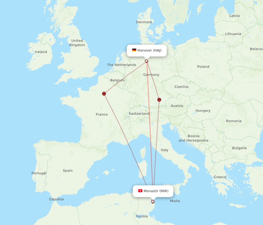 HAJ-MIR flight routes