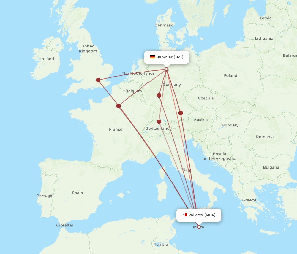HAJ-MLA flight routes
