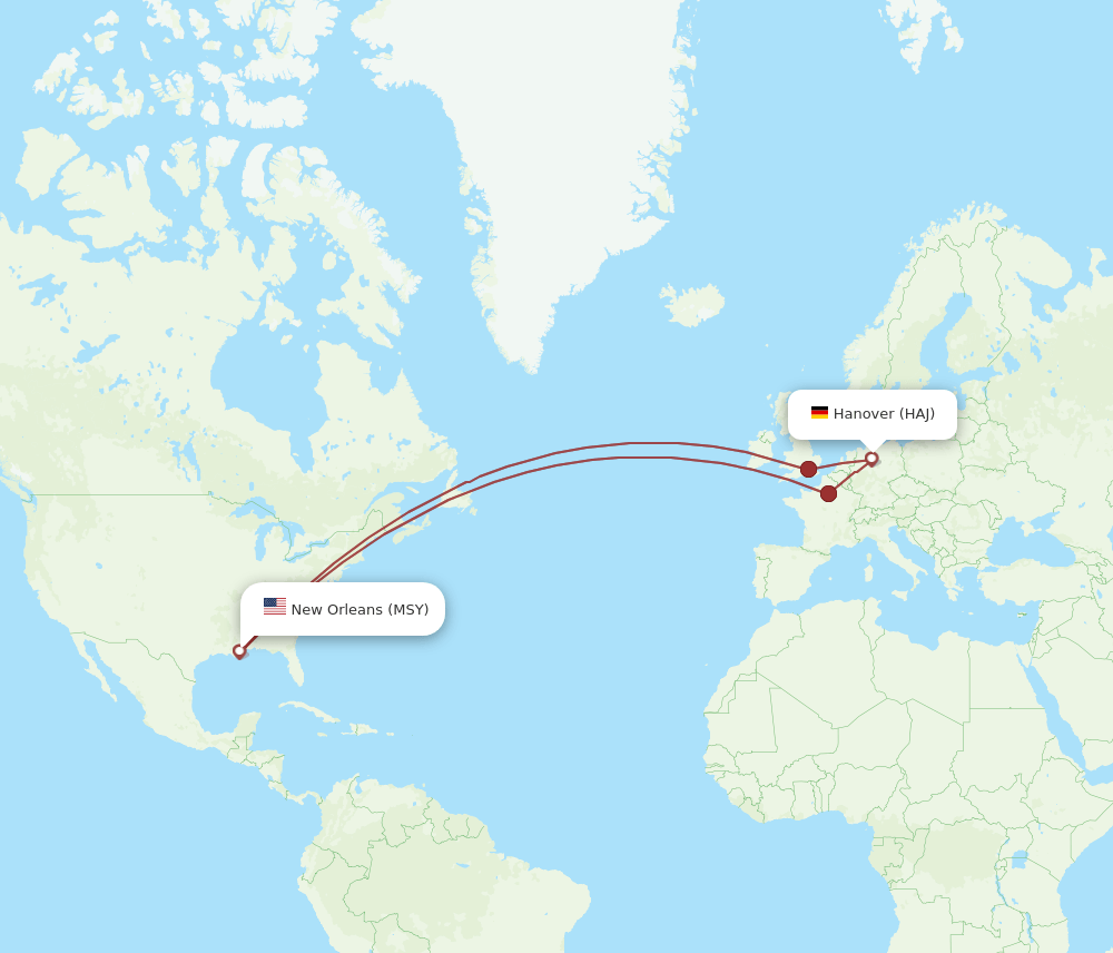 HAJ to MSY flights and routes map