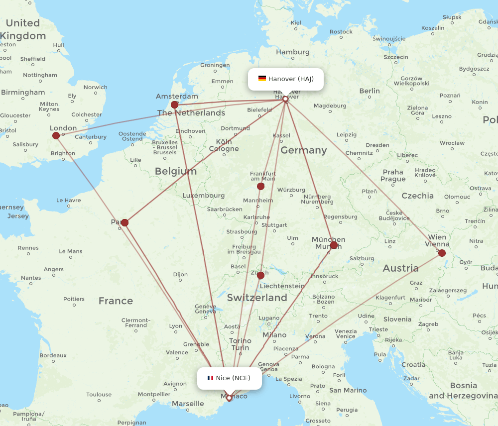 HAJ to NCE flights and routes map