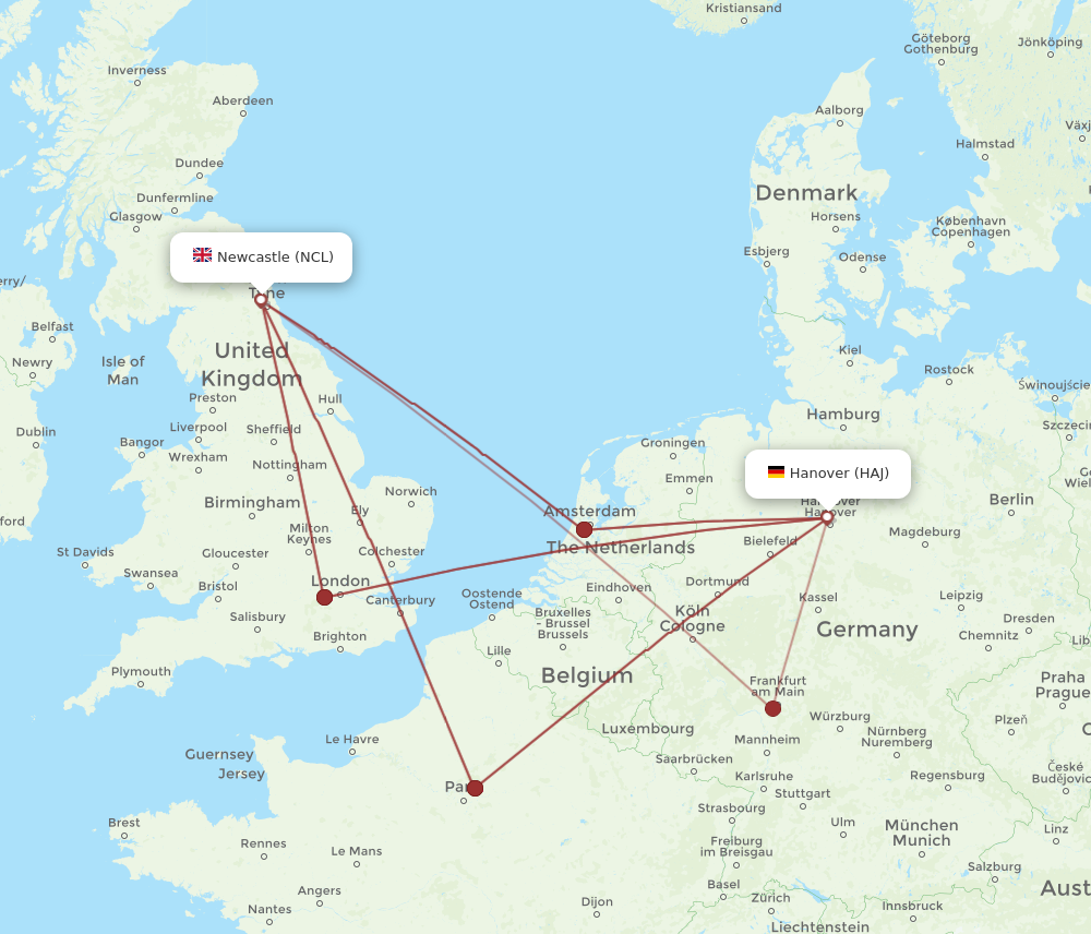 HAJ to NCL flights and routes map