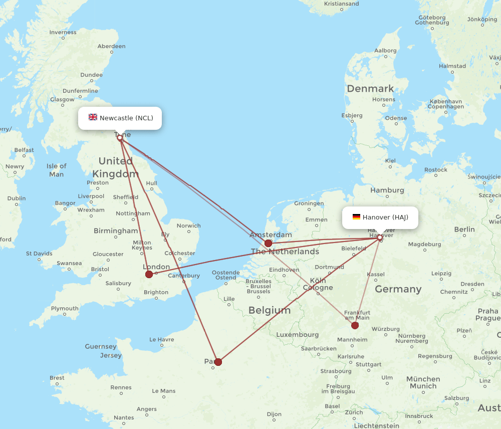 HAJ to NCL flights and routes map