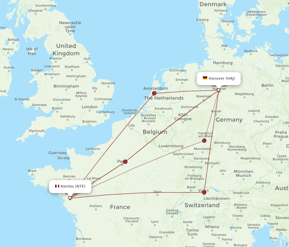 HAJ to NTE flights and routes map