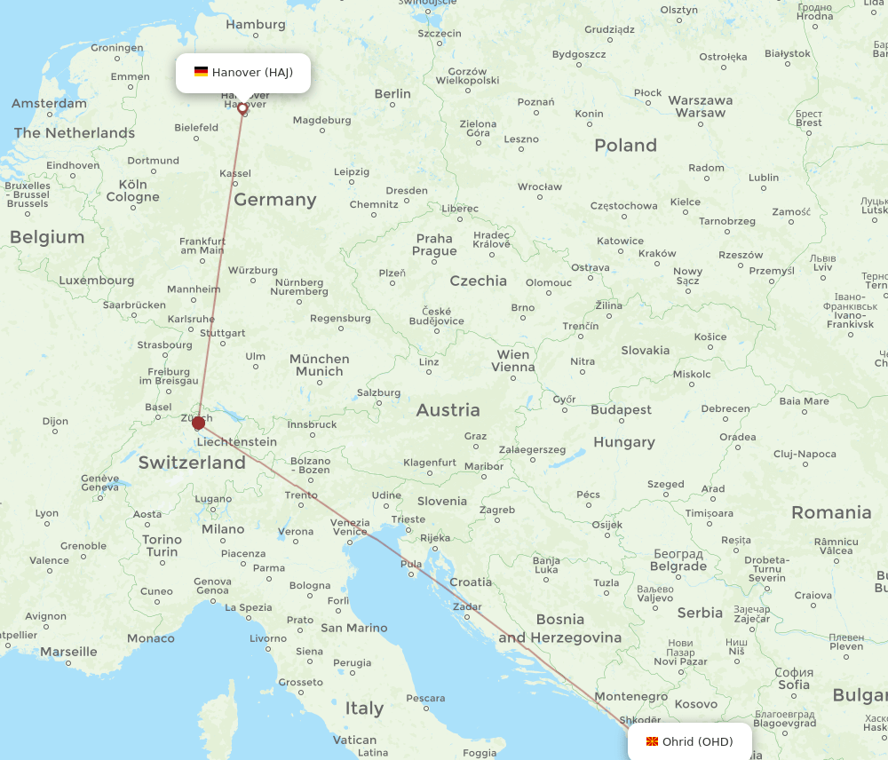HAJ to OHD flights and routes map