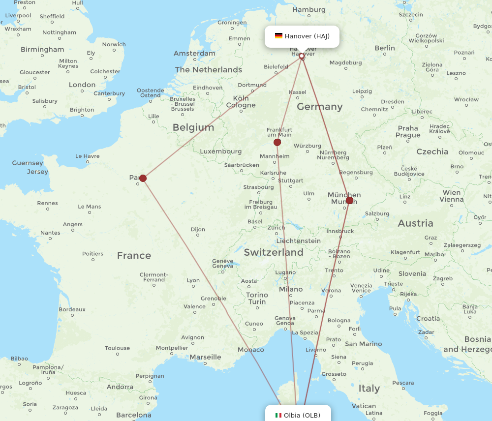HAJ to OLB flights and routes map
