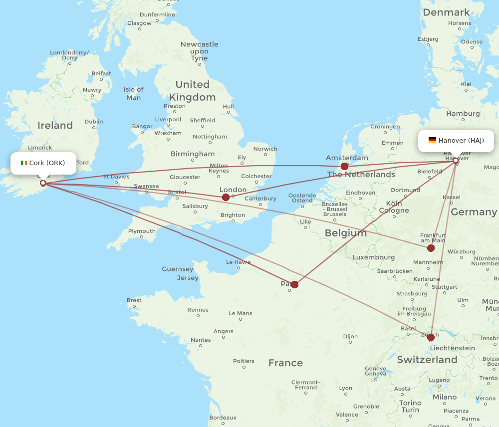 HAJ to ORK flights and routes map