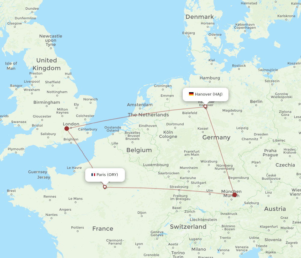 Hanover - Paris route map and flight paths