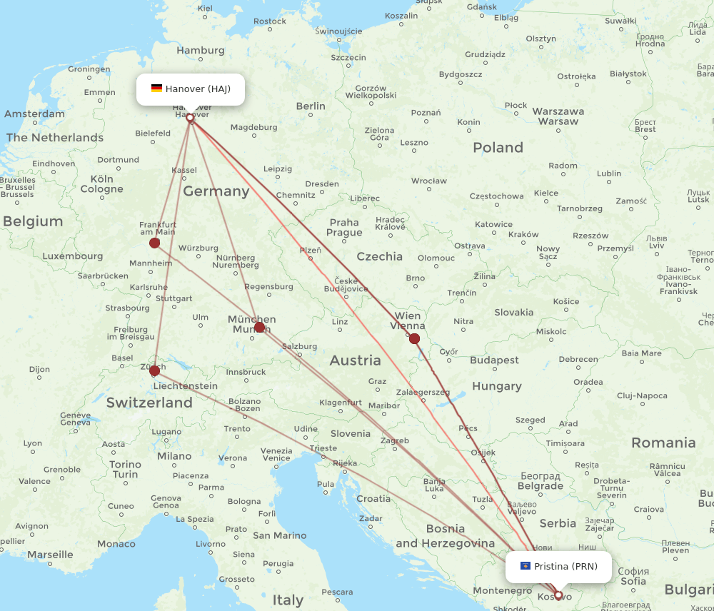 HAJ-PRN flight routes
