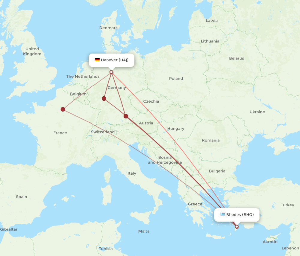 HAJ to RHO flights and routes map