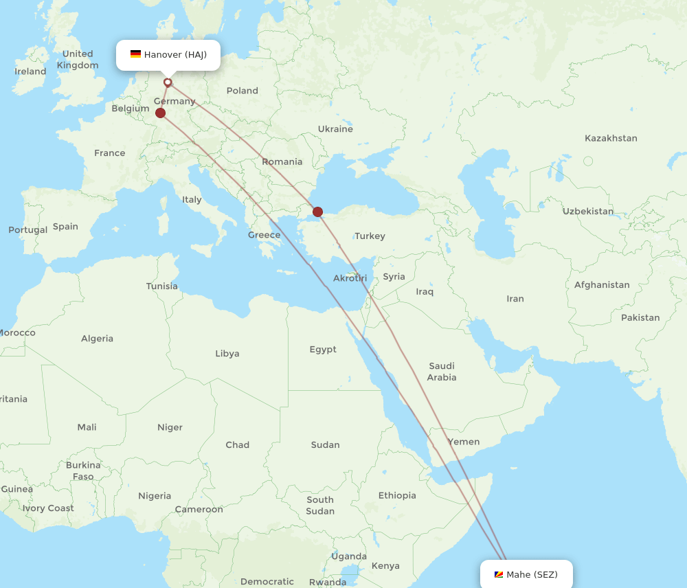 HAJ to SEZ flights and routes map